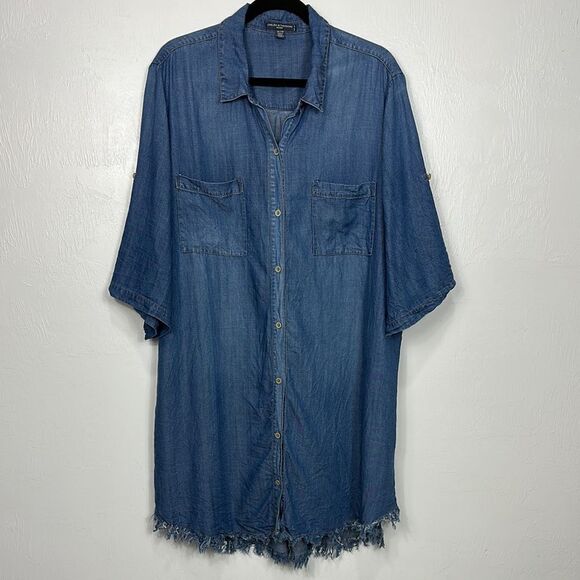 Chelsea & Theodore Blue Chambray Raw Hem Mini Shirtdress Size 2X - Picture 1 of 8